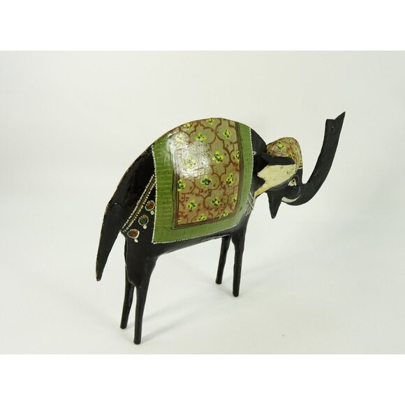 Good Luck Trunk Up Elephant Metal Black Sculpture Folk Art Style Hand Painted - Picture 3 of 8